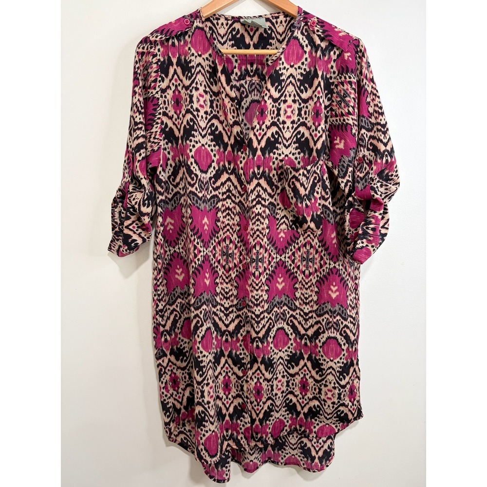 Maeve Anthropologie Magenta Black Ikat Print Shirt Dress Sz L Flowy Boho Chiffon